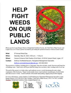 Fight Weeds on our Public Lands Fifth Annual Weed Day May 20, 2023 9am-1pm Meet at first dam pavilion