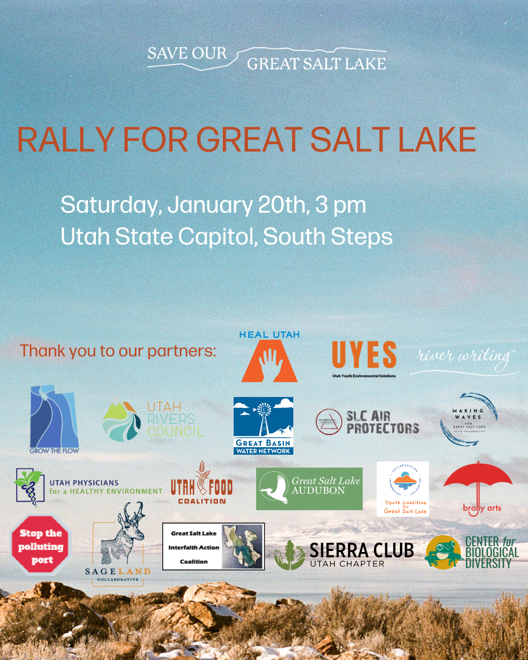 Rally for Great Salt Lake
Jan. 20, 2024, South Capital Steps, 3 pm