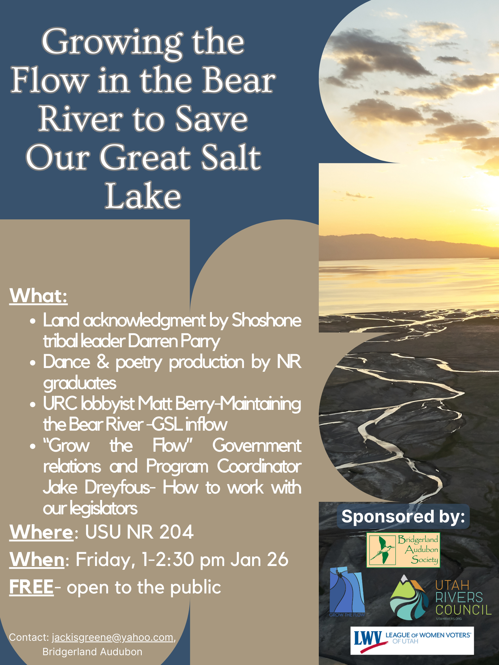 Growing the Flow in the Bear River to Save our Great Salt Lake, January 26, 2024, USU NR 204, 1:00 pm - 2:30 pm