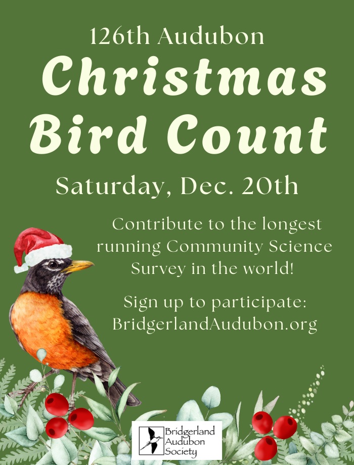 December 20, 2025 126th Annual Christmas Bird Count, Participate by counting from home or count a sector. Click for more information and sign-up.