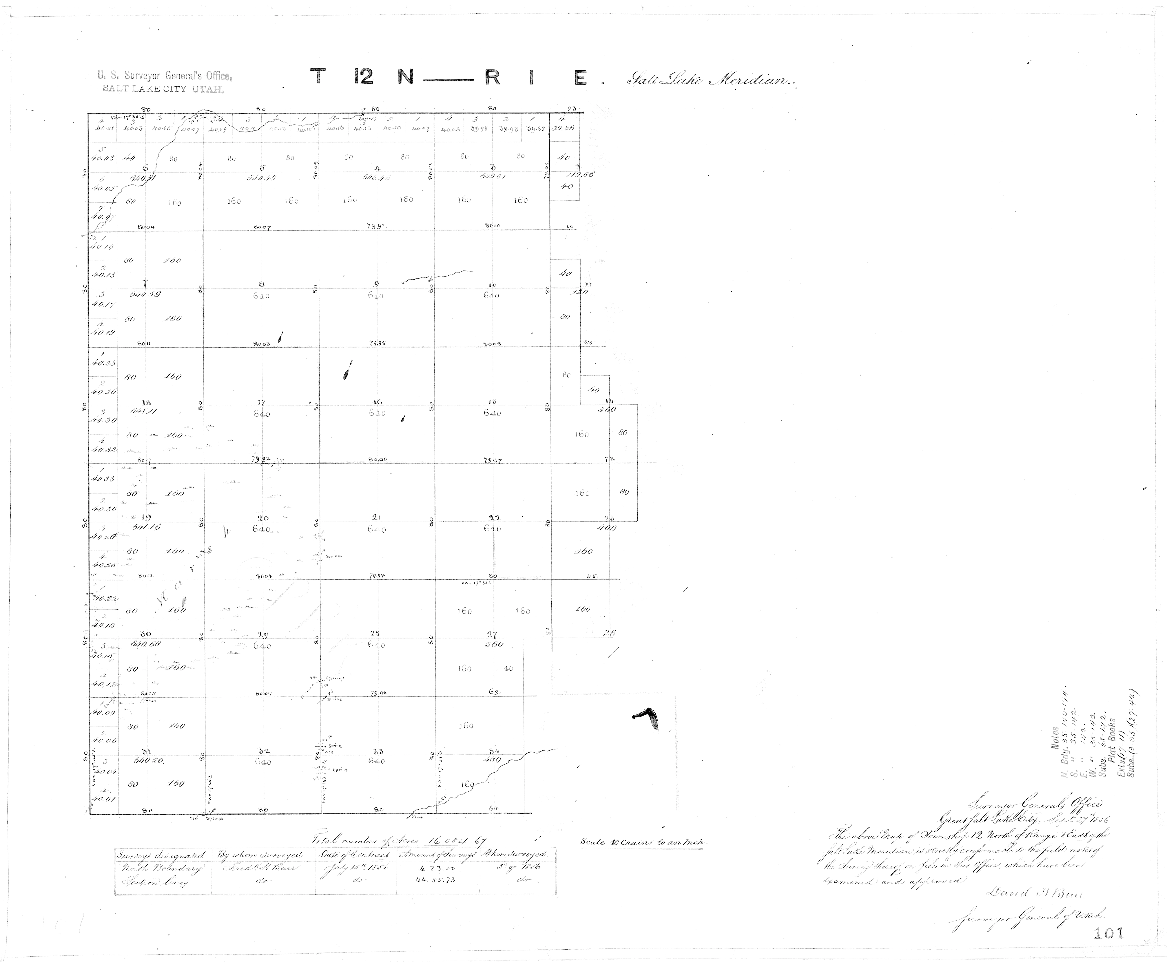Frederick H. Burr Survey 1856, Note North Branch of the Logan River in Section 34 (Lower right) Township 12 North, Range 1 East Courtesy Cache County GIS