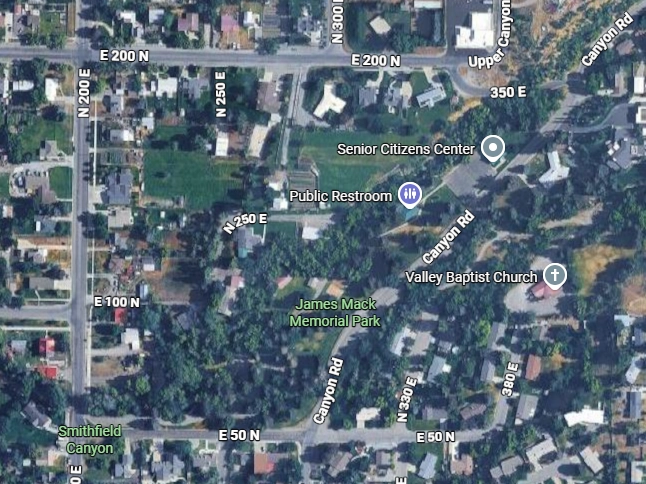 James Mack Memorial Park, Smithfield, UT Map data Copyright Google Maps, Image data: Airbus, MAXAR Technologies, USDA/FPAC/GEO/