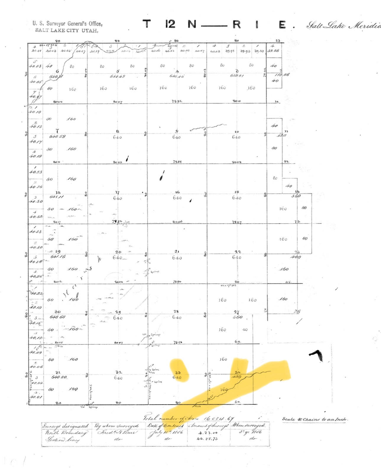 The Burr Survey of 1856, the North Branch of the Logan River can be seen in Sections 33 & 34 of the Township and Range Map T12 N - R1E, Highlighted by Hilary Shughart