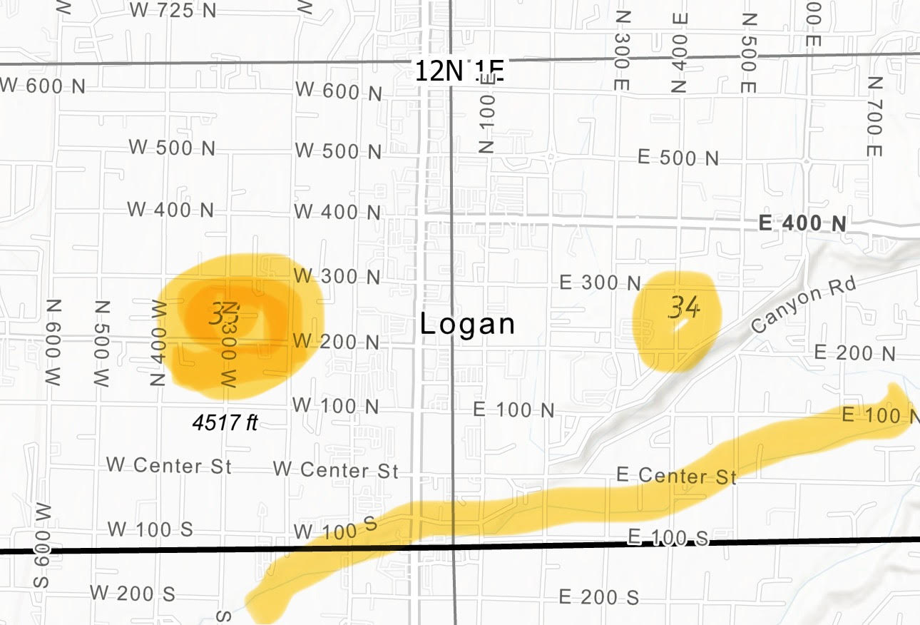 Screenshot of current BLM Utah Interactive Map
Showing the North Branch of the Logan River with canals tapped therefrom. Note the river from the 1856 Burr Survey continues to exist. Highlighted by Hilary Shughart